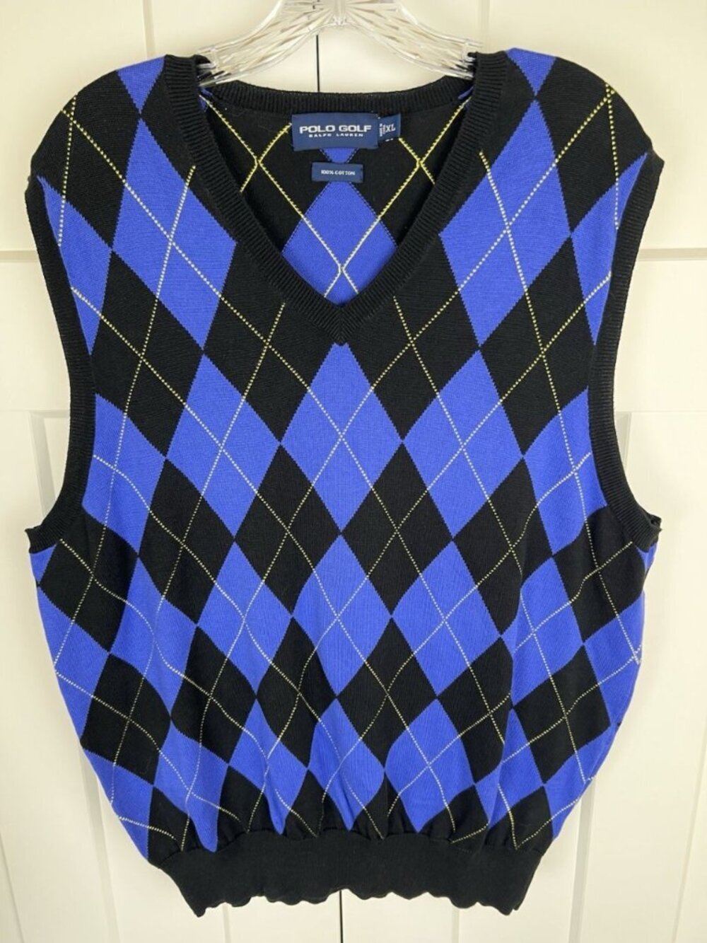 Polo Golf Ralph Lauren Sweater Vest Mens XL Blue Black Argyle Cotton V Neck